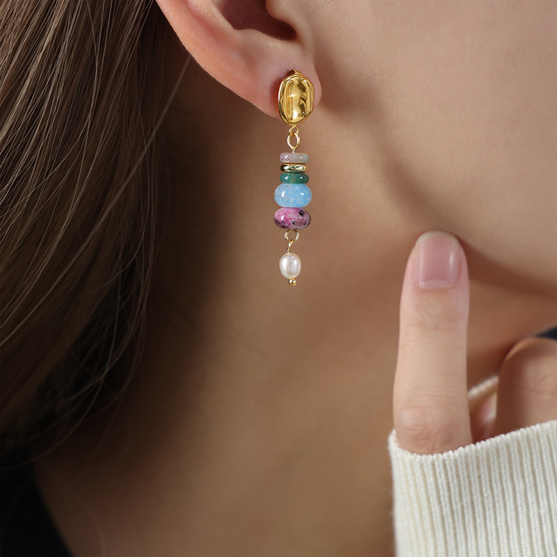 European and American Vintage Luxury Natural Stone Handmade Beaded Long Freshwater Pearl Pendant Earrings for Women - Image 6