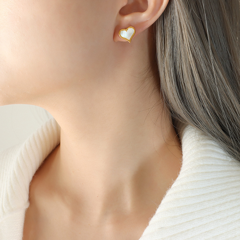 Retro White Sea Shell Heart Shape Love Earrings Titanium Steel 18K PVD Gold Plated INS Style F388 - Image 6