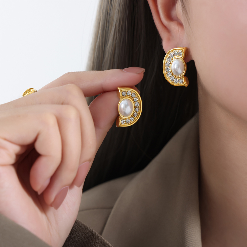 French Glamorous CZ Inlay Letter C-Shape Earrings Titanium Steel 18K PVD Gold Plated Geometric Design for Women - Image 6