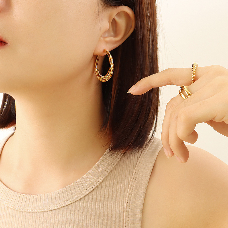 European Retro Versatile Hot-Selling Titanium Steel Gold-Plated Spring Line Earrings Non-Fading Jewelry for Women - Image 5