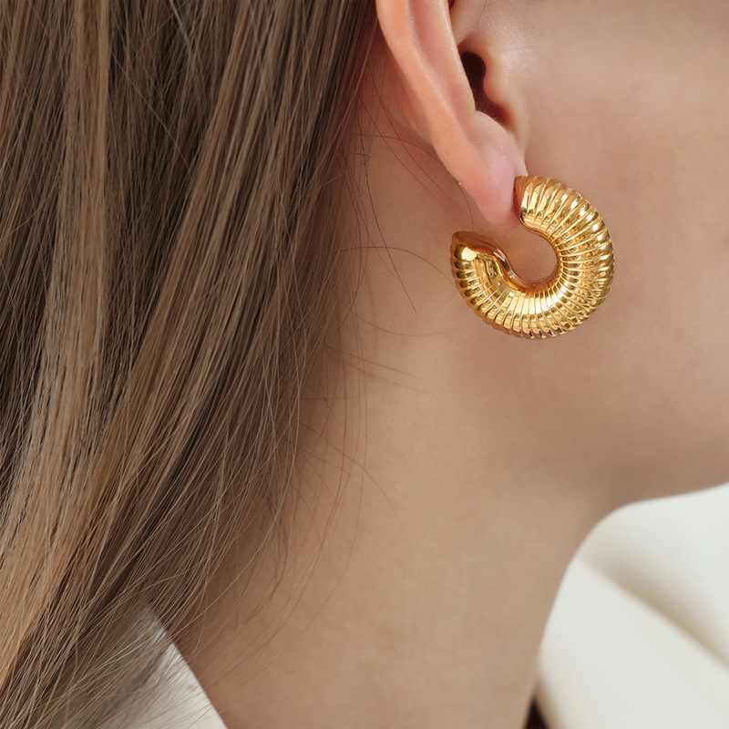 European New Fashion Unique High-End Titanium Steel Gold-Plated Geometric Earrings with Textured Design for Women - Image 6