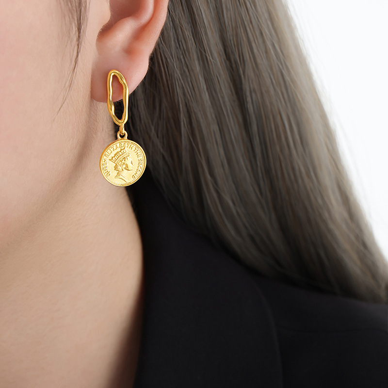 French Retro Unique Geometric B Round Coin Pendant Luxury Titanium Steel 18K PVD Gold Plated Earrings for Women - Image 6