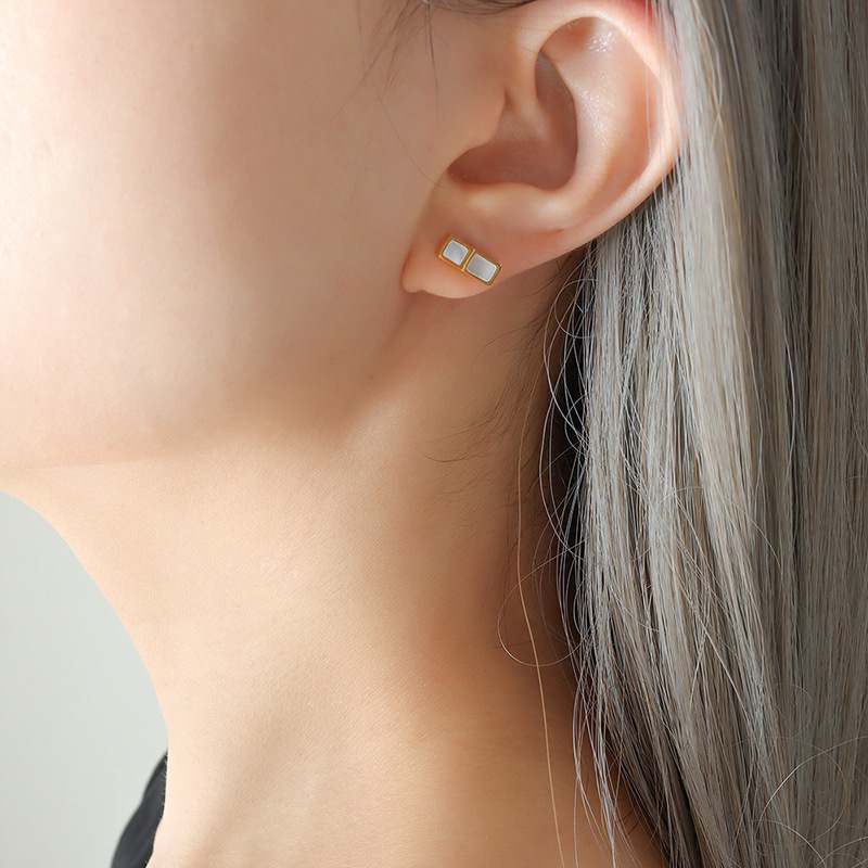Unique Small Square White Shell Earrings Ins Style Fashionable and Versatile Titanium Steel 18K PVD Gold Plated Ear Studs - Image 6