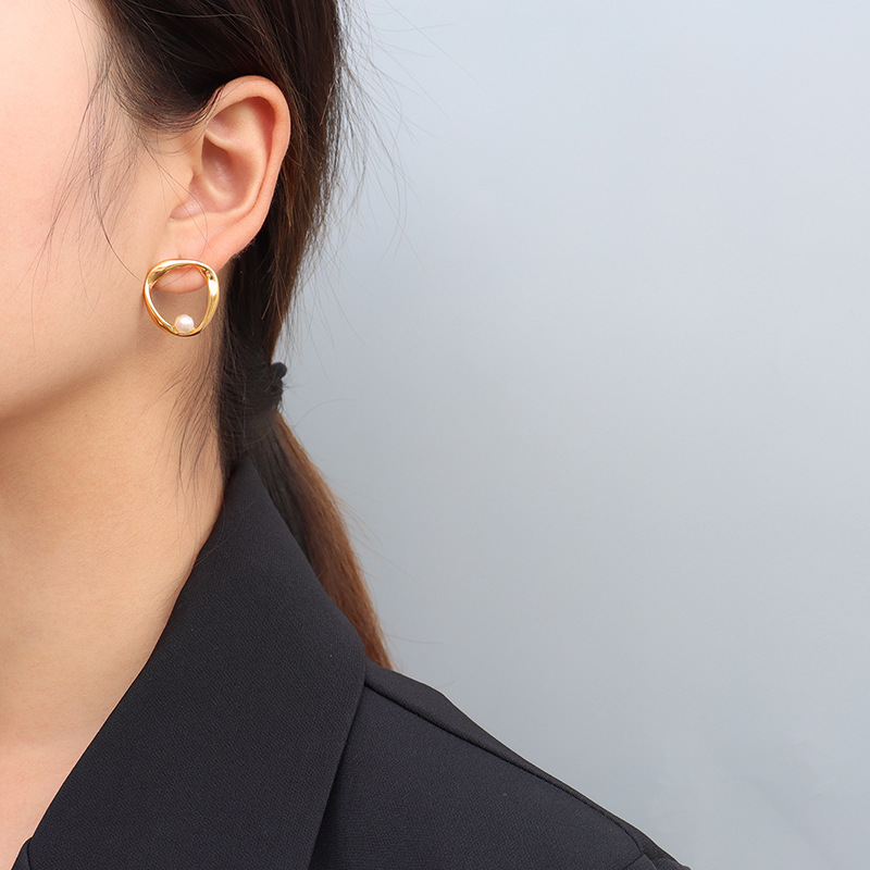 Korean Ins Style Irregular Geometric Imitation Pearl Earrings Titanium Steel 18K PVD Gold Plated Jewelry for Women - Image 5