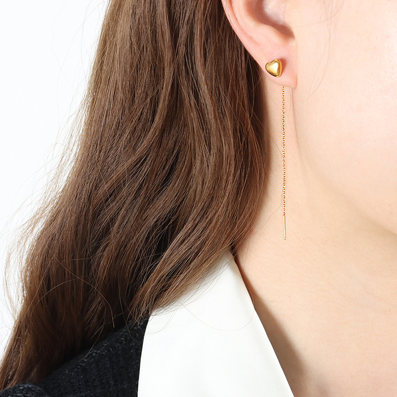 Heart Stud Earrings with Tassel Design Titanium Steel 18k PVD Gold Plated Chic Minimal Women Accessories - Image 6