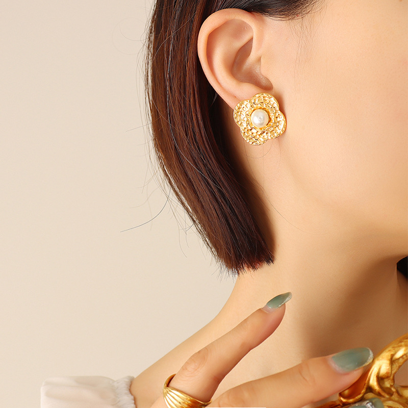 Geometric Pearl Earrings Titanium Steel 18k PVD Gold Plated French Minimal Factory Direct Women Jewelry - Image 5