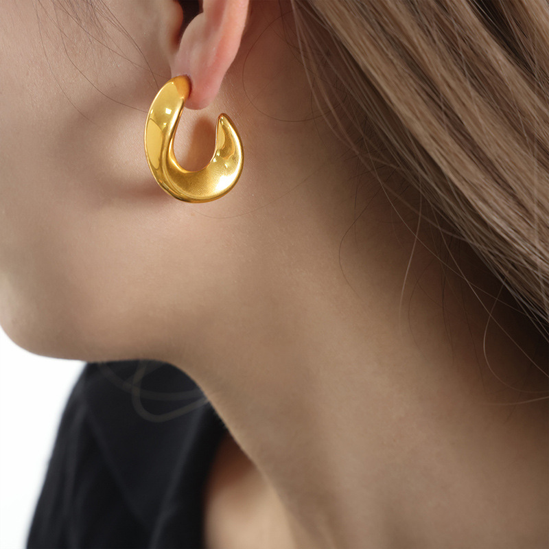 U Shape Metallic Earrings Titanium Steel Gold Plated Non Tarnish Retro Women Jewelry - Image 6