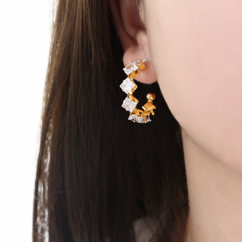 C-Shaped Earrings with Claw Set Sparkling Zircon Luxury 18K PVD Gold Plated Titanium Steel Jewelry for Women - Image 6