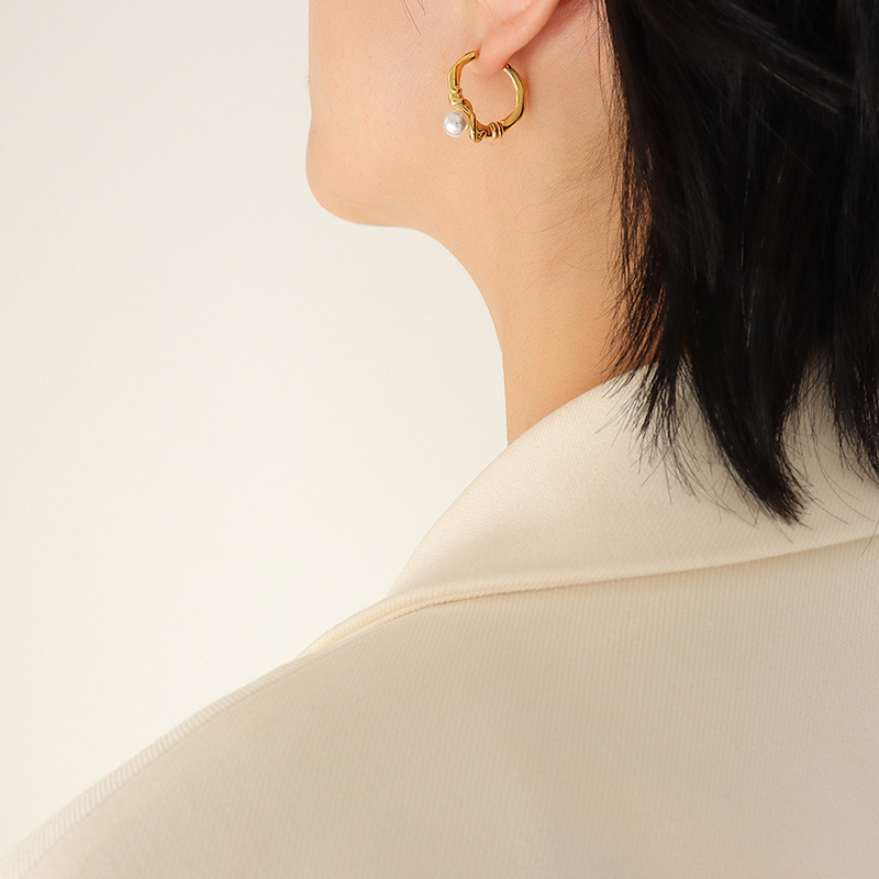 Retro Elegant Small Design Circular Knot Earrings with Faux Pearls Titanium Steel 18K PVD Gold Plated Studs for Women - Image 6