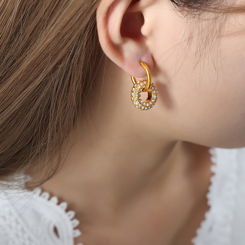 New Luxury Geometric Round Zircon Inlaid Earrings Titanium Steel 18K PVD Gold Plated Versatile Elegant Jewelry for Women - Image 7