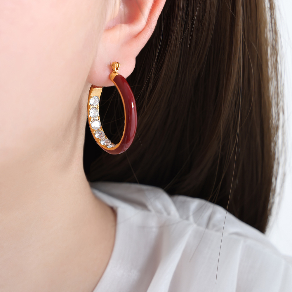 Bold Retro Colorful Enamel Titanium Steel Earrings with Zircon Inlay 18K PVD Gold Plated for Women - Image 7