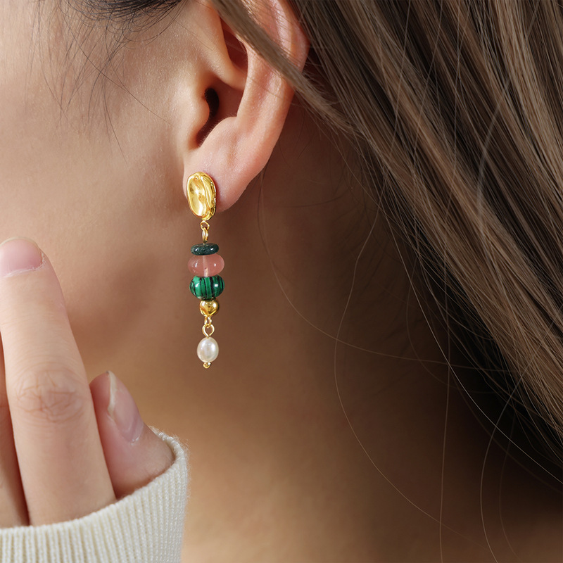 European and American Vintage Luxury Natural Stone Handmade Beaded Long Freshwater Pearl Pendant Earrings for Women - Image 7