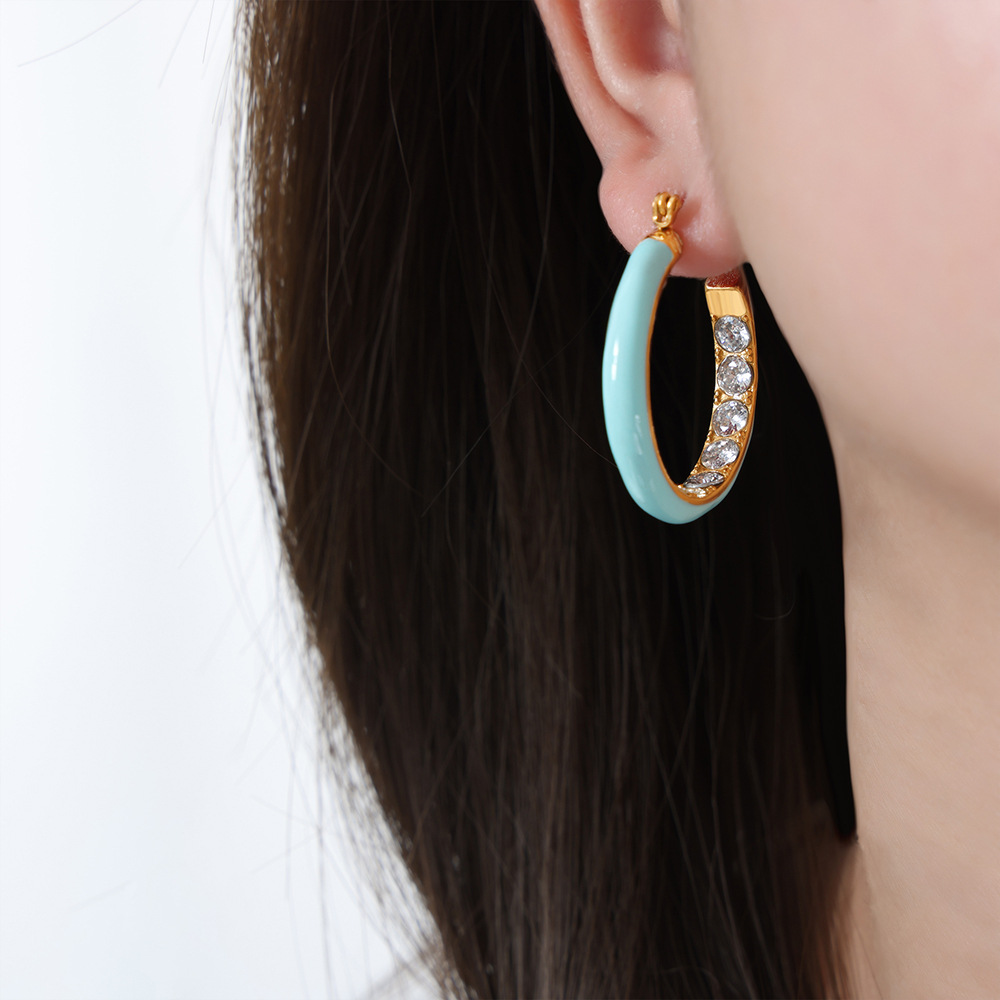 Bold Retro Colorful Enamel Titanium Steel Earrings with Zircon Inlay 18K PVD Gold Plated for Women - Image 8