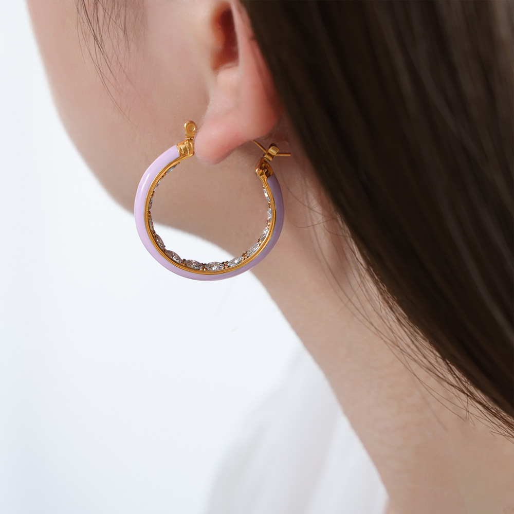 Bold Retro Colorful Enamel Titanium Steel Earrings with Zircon Inlay 18K PVD Gold Plated for Women - Image 9